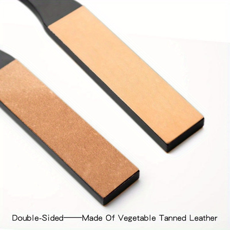 Leather strop with tan abrasive strips and dark backing edges