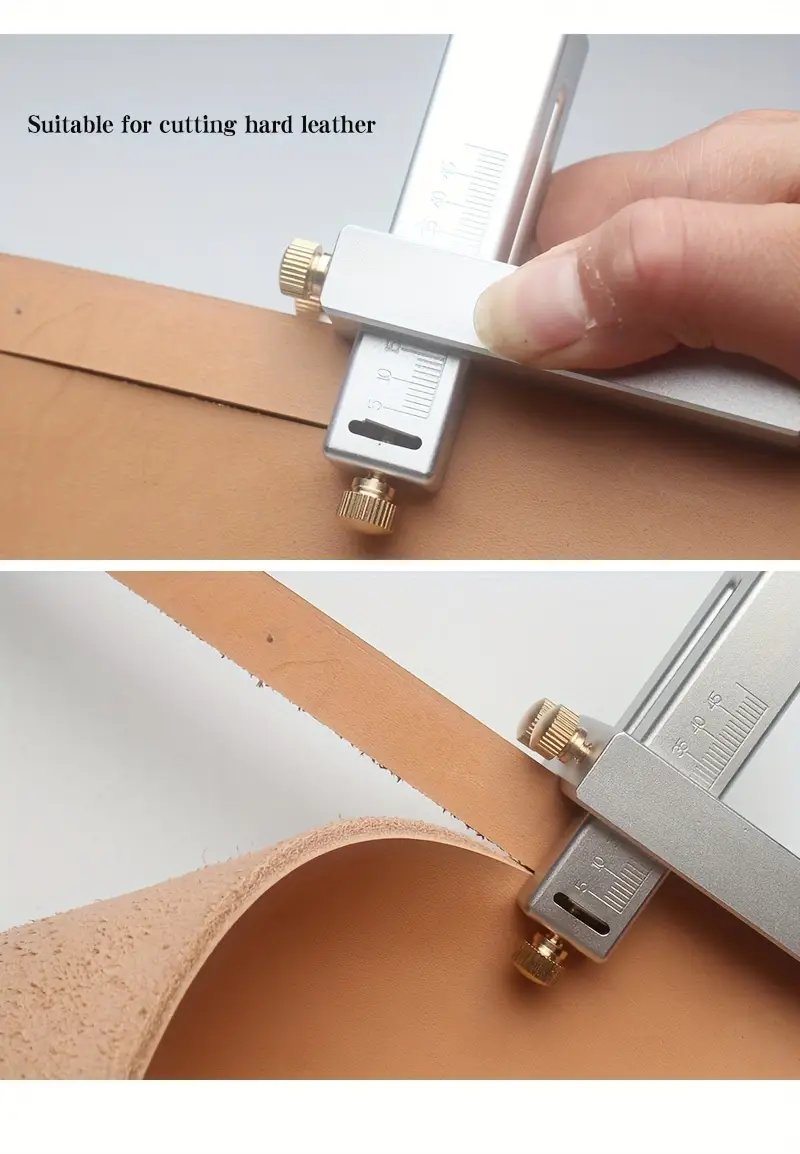 Leather strap cutting clamp with engraved ruler scale and brass adjusters