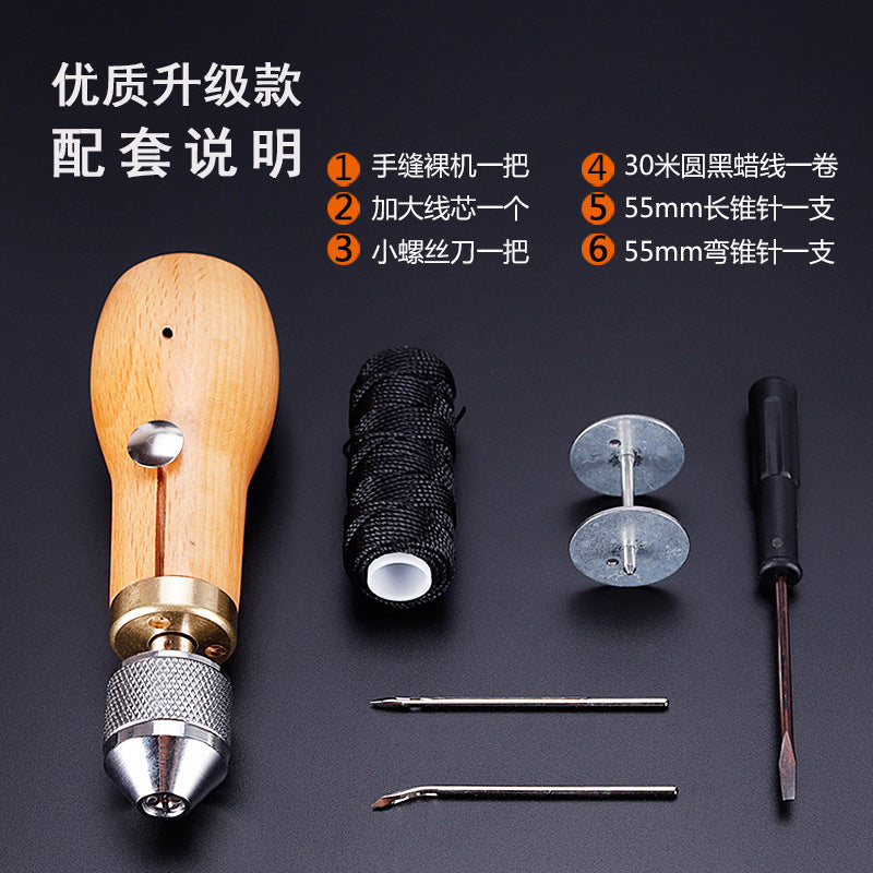 Leather hand stitching tool with wooden handle plus thread and needles