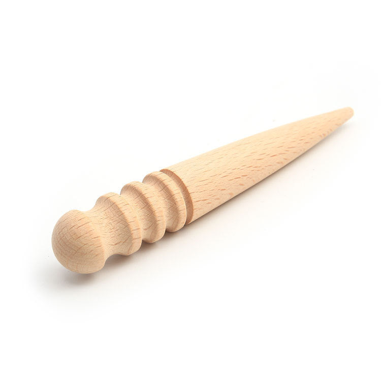 Wooden leather edge burnisher with rounded handle knob and pointed burnisher end