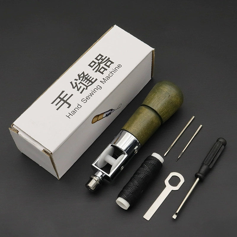 Leather hand stitching tool kit with olive wooden handle, threads, and tools