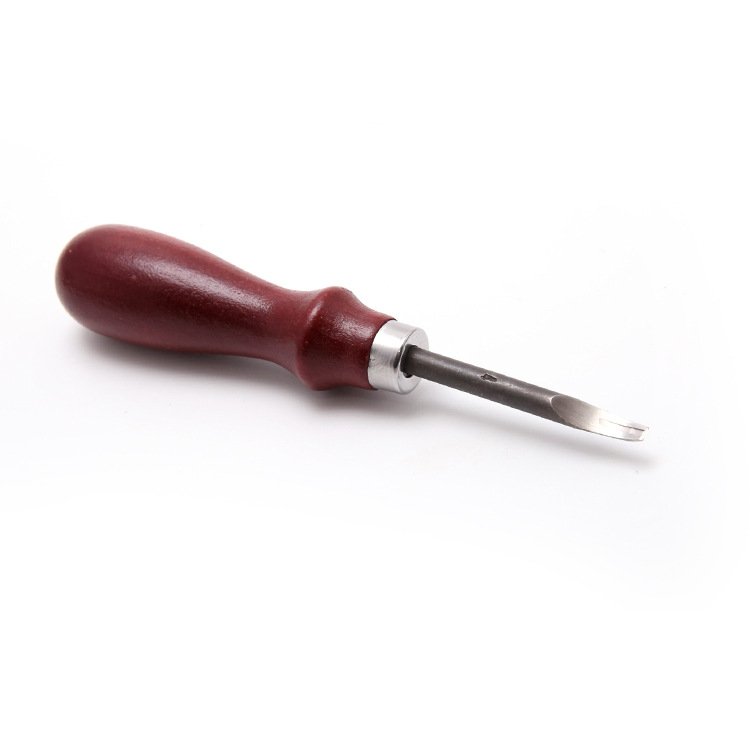 Leather edge beveler tool with red wooden handle and angled steel blade tip