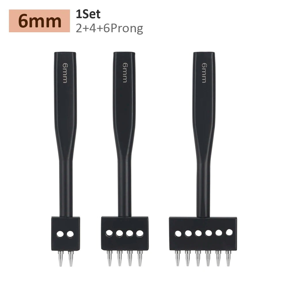 Black leather hole punch tool set with 6mm prong heads, 3 pcs