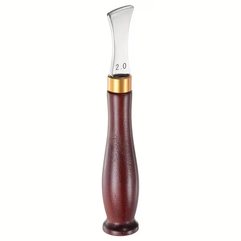 Leather edge creaser tool with wider curved blade, dark wood handle, and gold collar