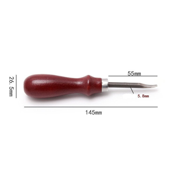 Leather edge beveler with red wooden handle and steel blade, size indicated