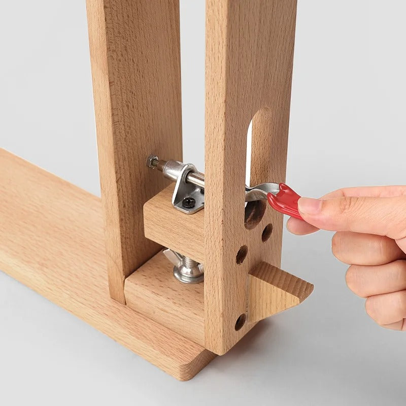 Close-up of beechwood stitching pony clamp hardware, red lever tightening the metal piece