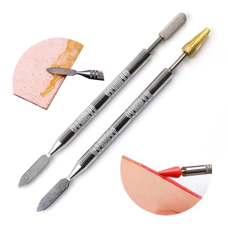 Leather edge oil pen set with silver tools, textured grips, and gold/red edge applicators