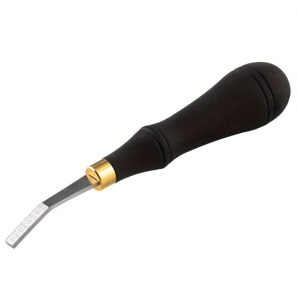 Leather roughing file with dark handle, gold ferrule, gray abrasive metal blade