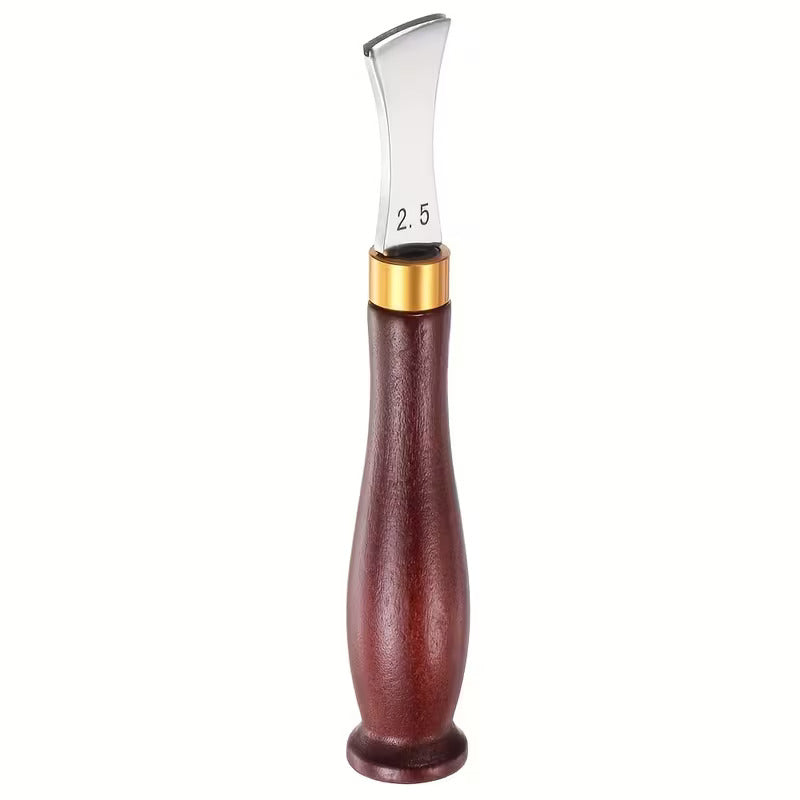 Leather edge creaser tool with narrow curved blade, dark wood handle, and gold collar