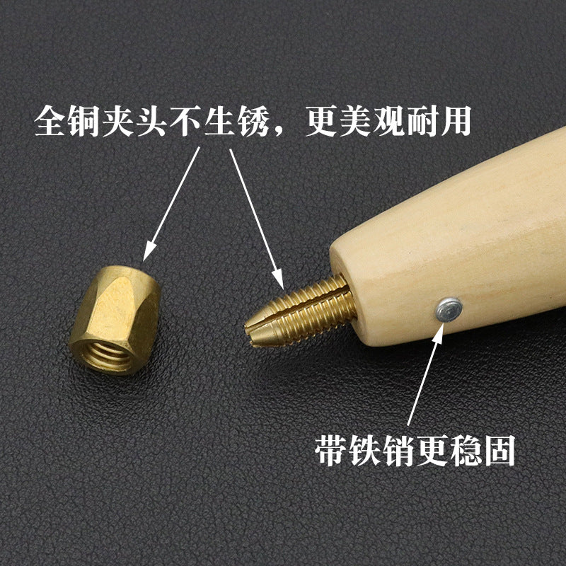 Wooden awl handle with brass threaded insert and metal cap, showing screw-in connection