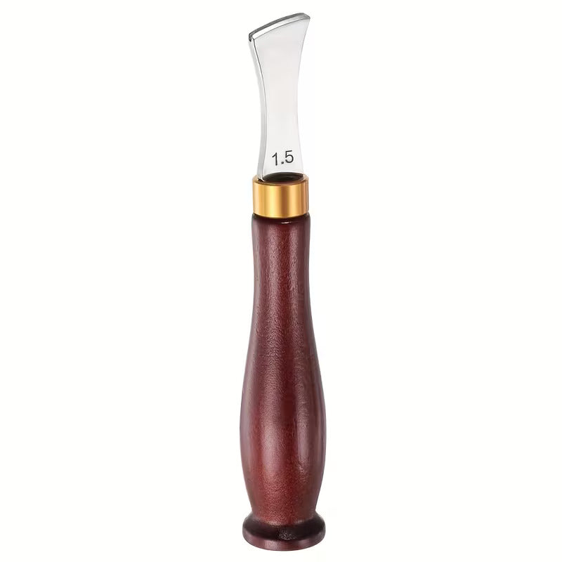 Leather edge creaser tool with curved metal blade, dark wood handle, and gold collar