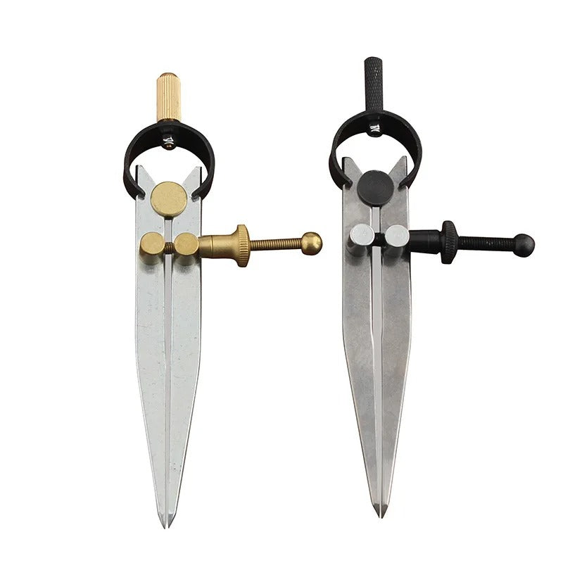 Set of wing divider tools with lockable adjustment, one black and one brass version