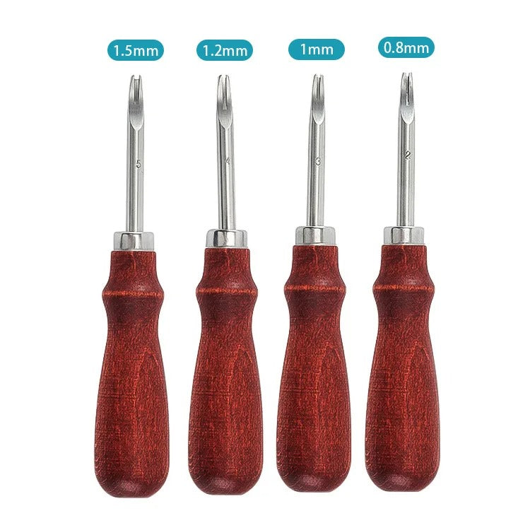 Leather edge beveler tool set with four metal blades and red textured wooden handles