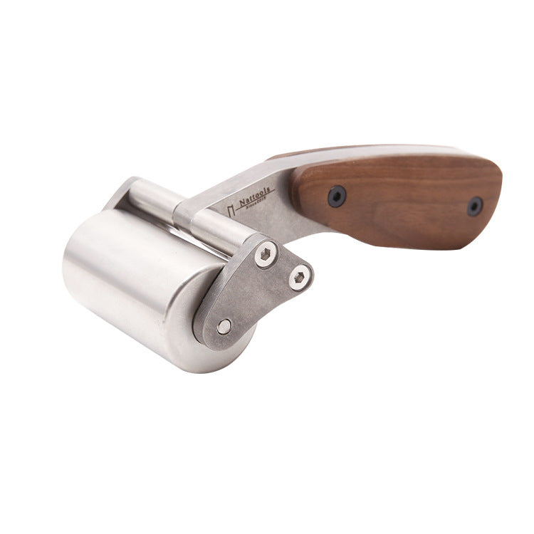 Leather roller tool with wooden handle, stainless steel roller, and mounting plate