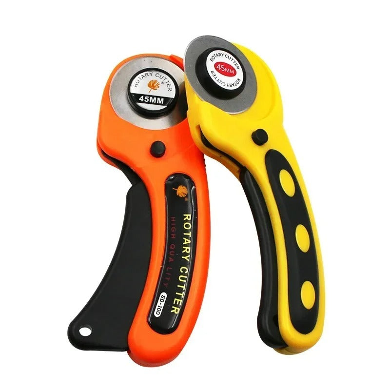 45mm rotary cutter for leather set with orange and yellow handles and black guards