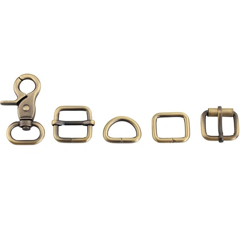 Bag hardware set lineup: swivel clip, square ring, D-rings, and roller buckle