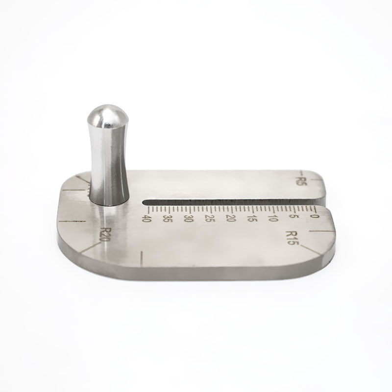 Stainless leather stitching punch guide with ruler markings and raised post