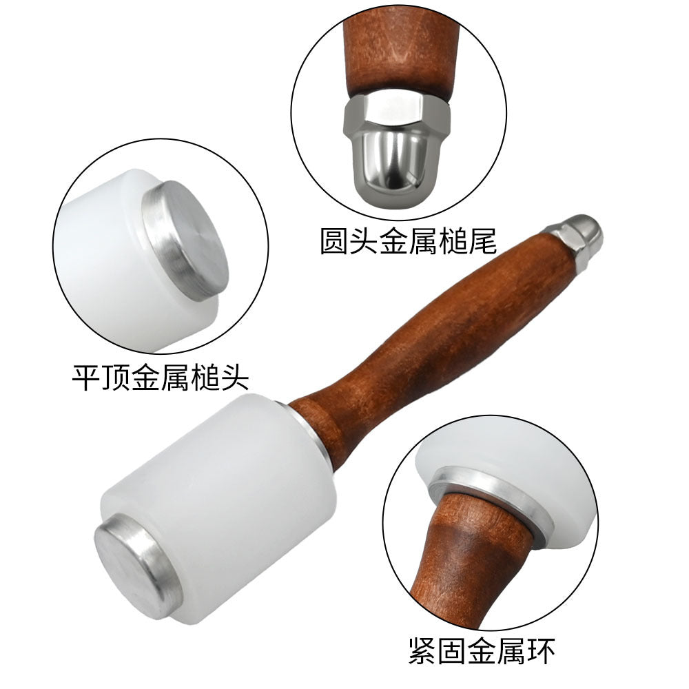 White single-head nylon mallet with brown wooden handle and silver metal head rim
