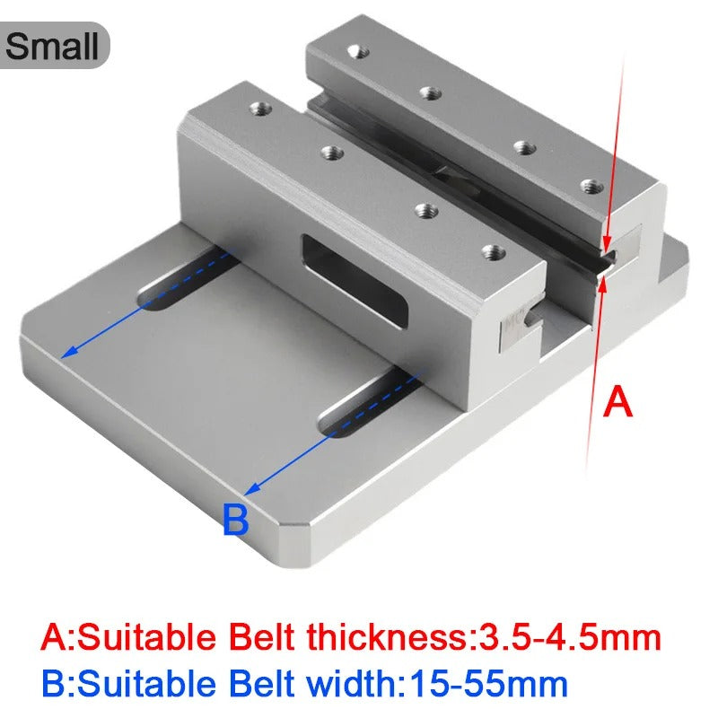 Manual belt edge trimmer and beveler machine with metal guide slots and bench base