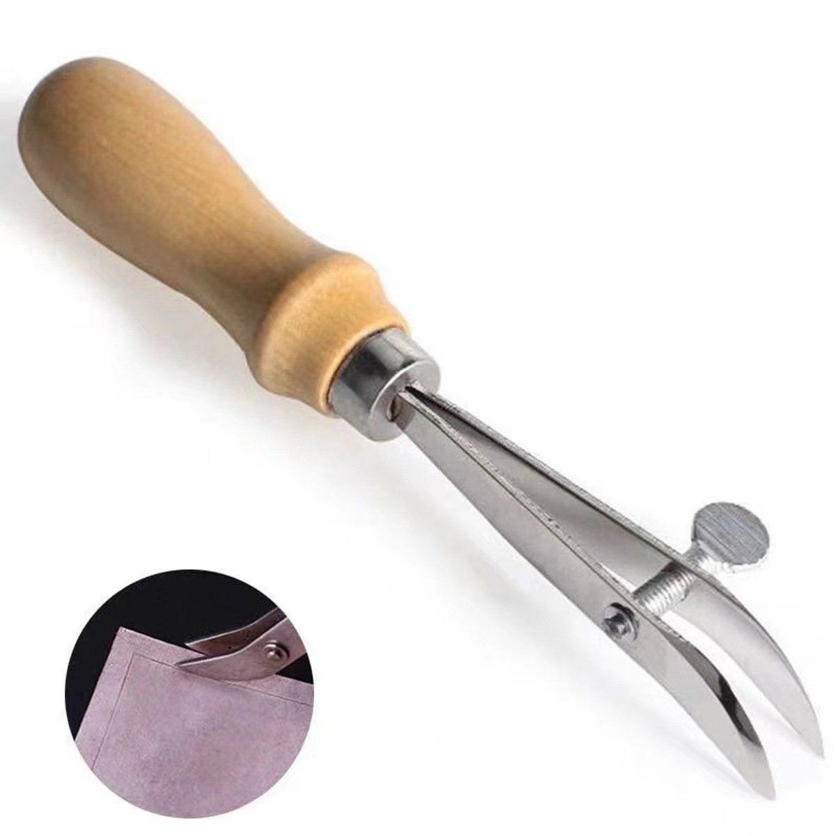 Adjustable leather edge creaser tool with wood handle and metal blades, close-up view
