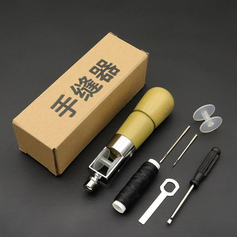 Leather hand stitching tool kit with green thread spool and sewing needles