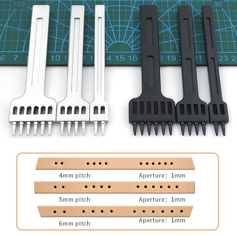 Leather hole punch set with 4mm, 5mm, and 6mm punch bars and 1mm aperture