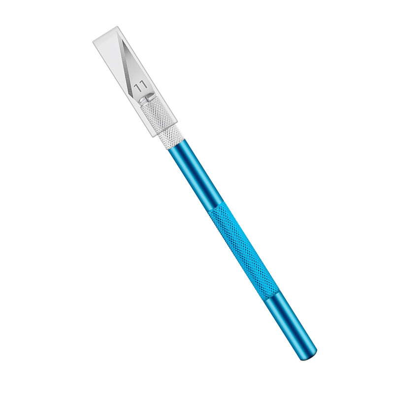 Blue aluminum precision craft knife with No.11 blade and textured grip