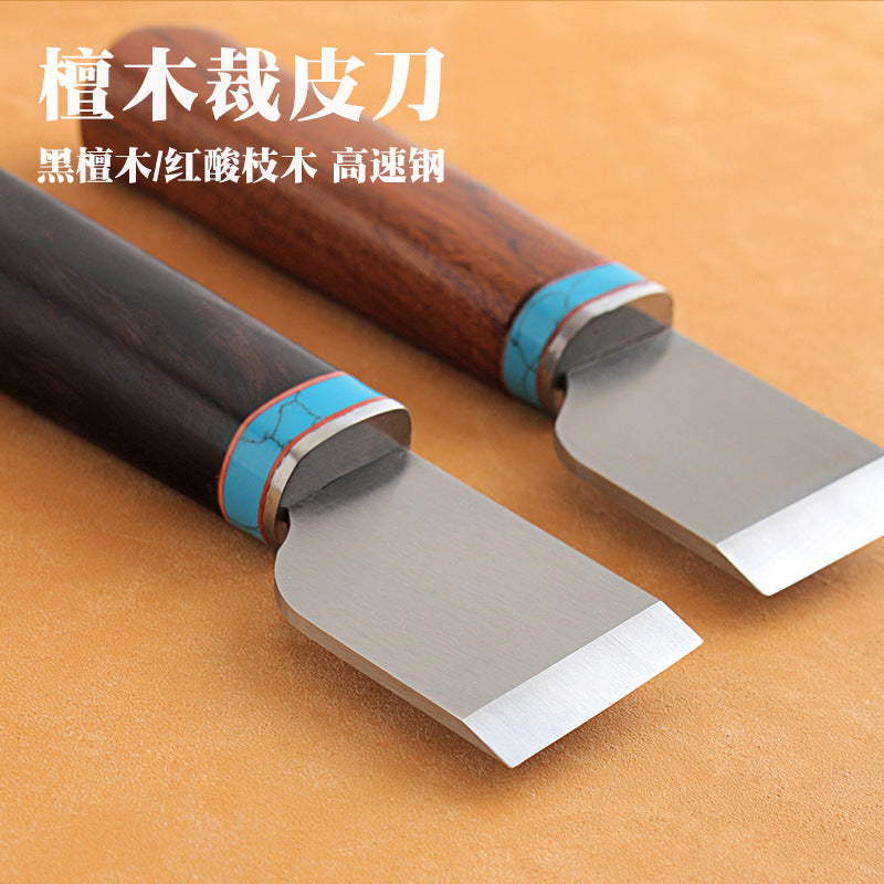 Leather cutting knife with HSS blade, dark wood handle and blue leather band