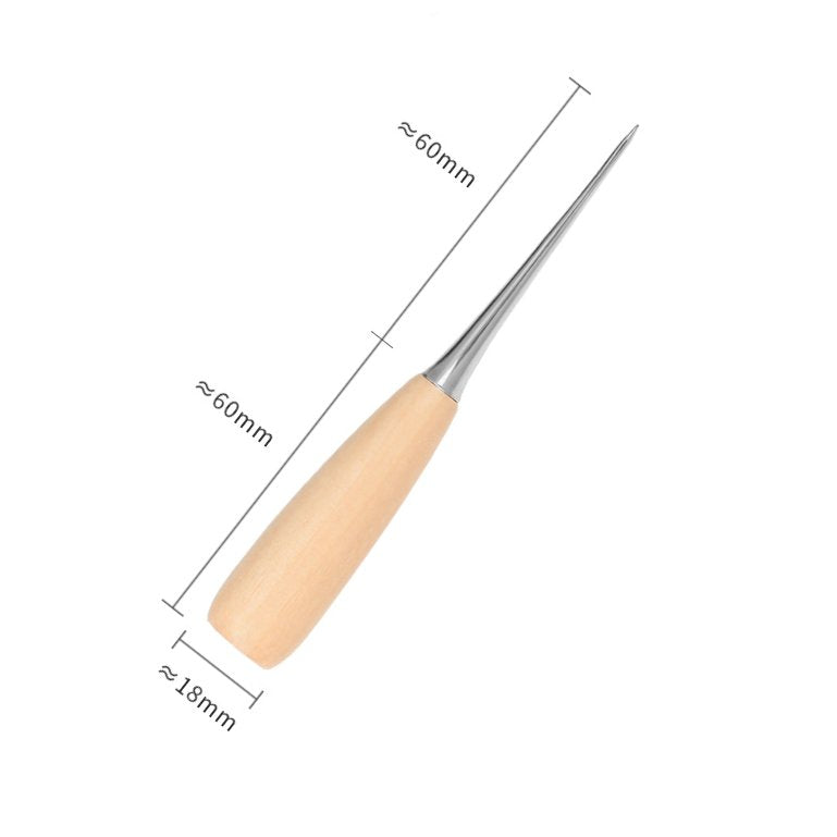 Leather scratch awl with light wood handle and angled pointed metal tip