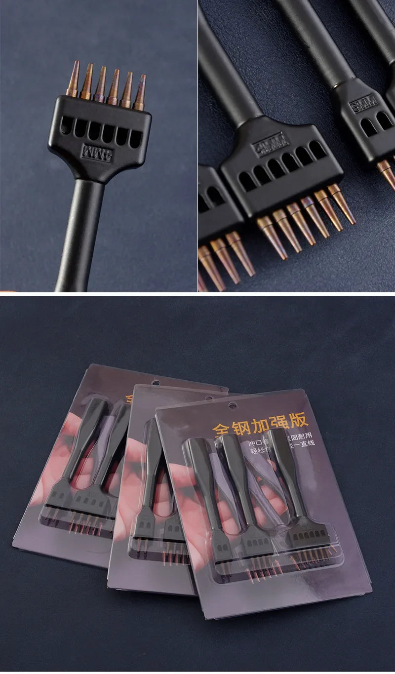 Black round hole punch tool set with copper-tipped pins and protective sleeves
