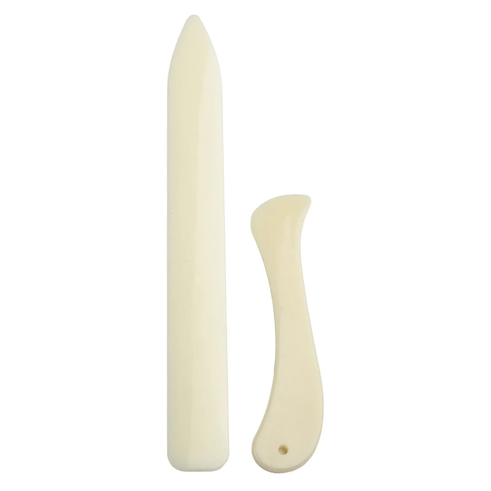 Cream leather bone folder set with long straight tool and shorter curved tool