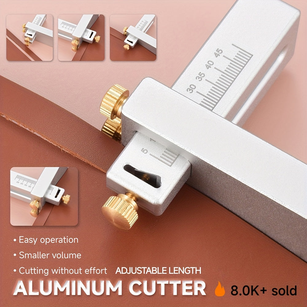 Aluminum leather strap cutting tool with adjustable length scale and brass knobs
