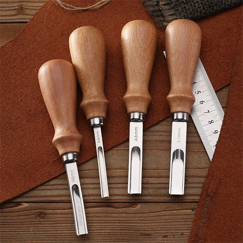 Leather edge beveler tools with wooden handles labeled A4mm, A6mm, A8mm, A10mm