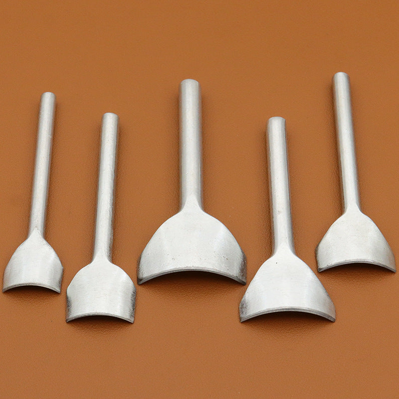 Five silver corner punch heads with short curved cutting cups on handles