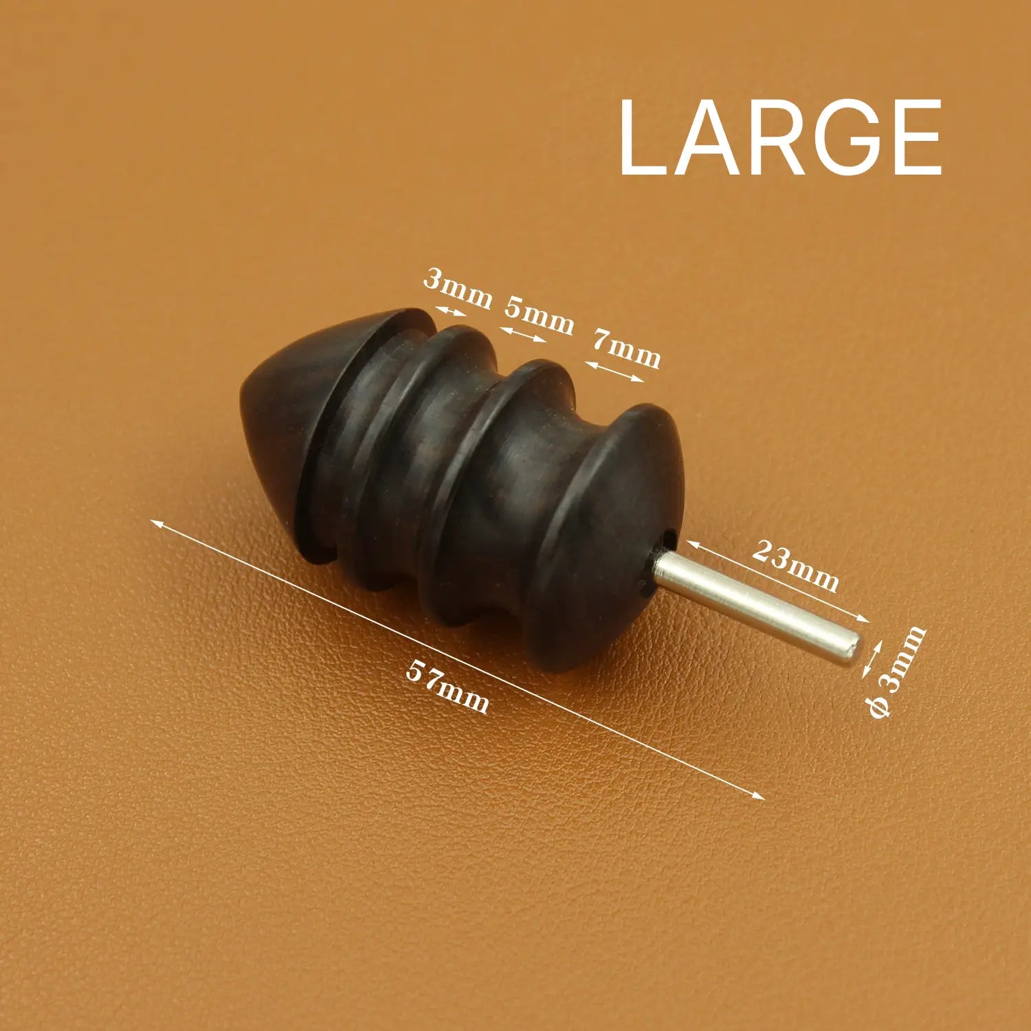 Large leather edge burnishing grinding head with dark polishing tip and metal shank