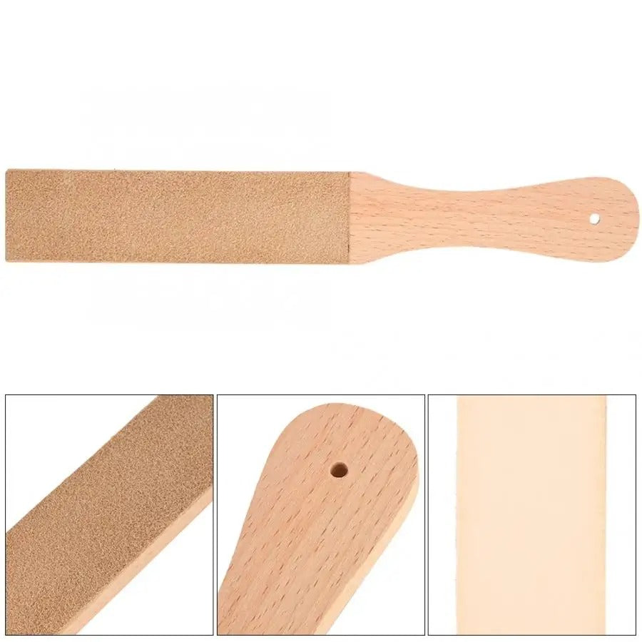 Leather sharpening strop, long beige abrasive strip on wooden handle