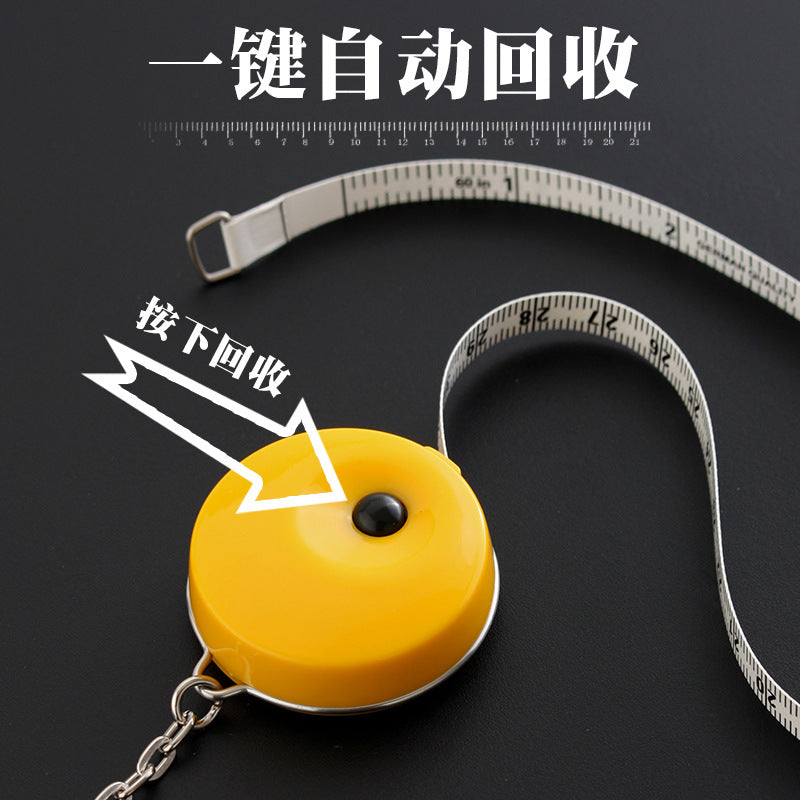 Yellow auto-retractable tape measure keychain with extended cloth measuring tape