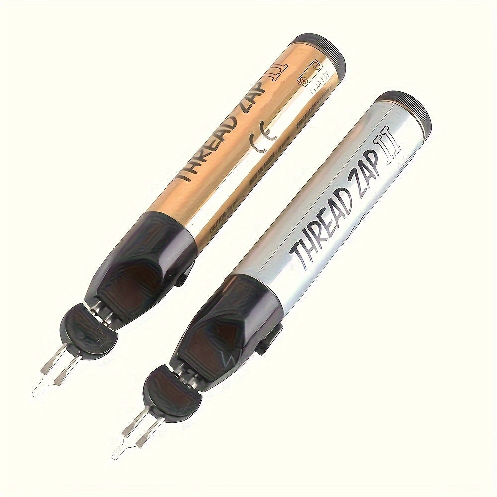 Thread burner pen with gold body and black grip, two metal prong tips