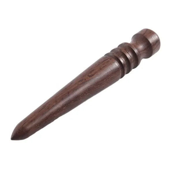 Sandalwood edge burnisher tool with tapered wooden handle and rounded tip