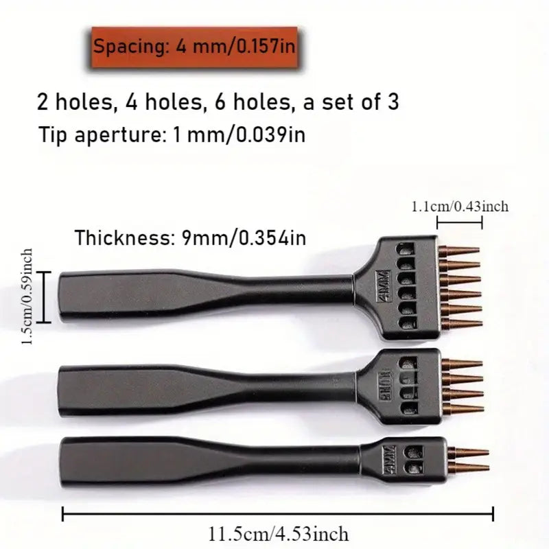Hole punch tool dimensions: 4mm spacing, 9mm thickness; 1mm tip aperture