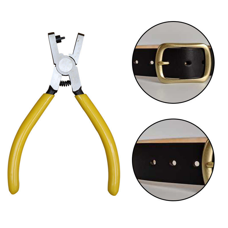 Mini watch strap hole punch pliers with yellow grips and metal punch head