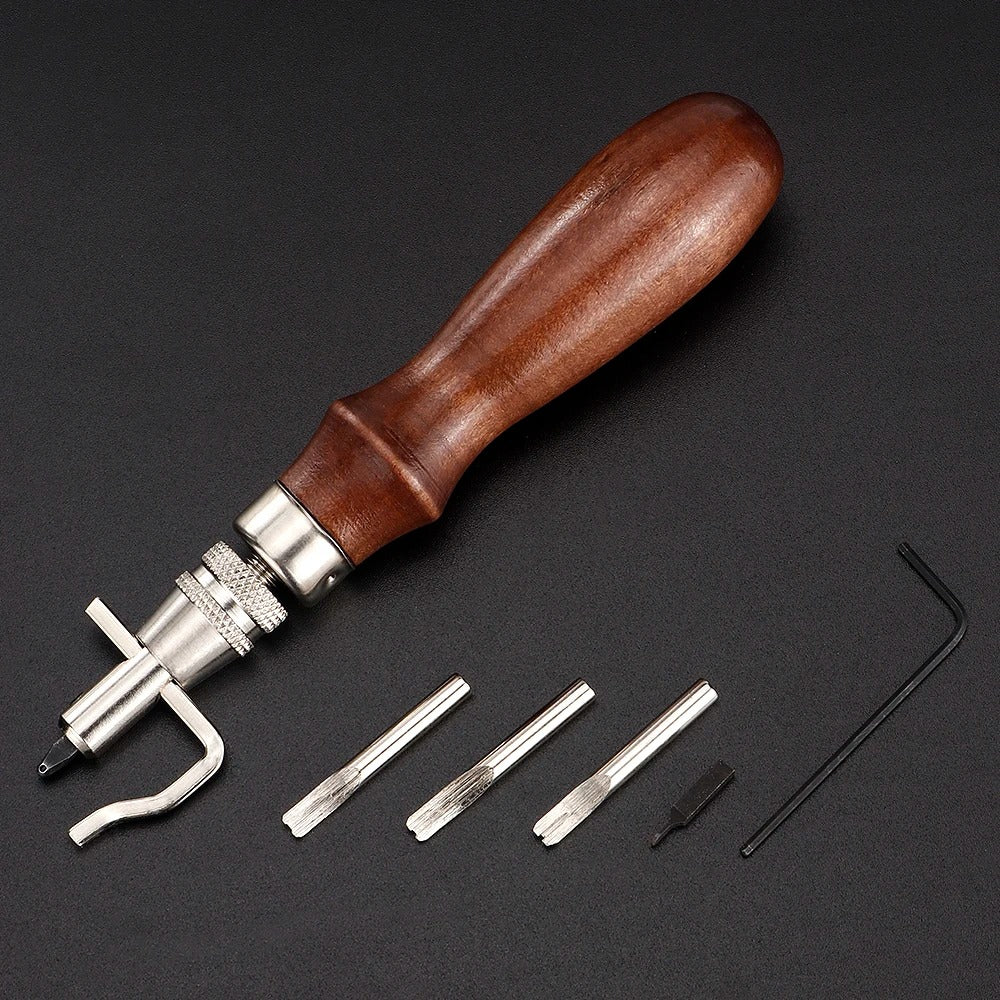 Leather edge groover and scribing tool set with brown wooden handle and metal blades