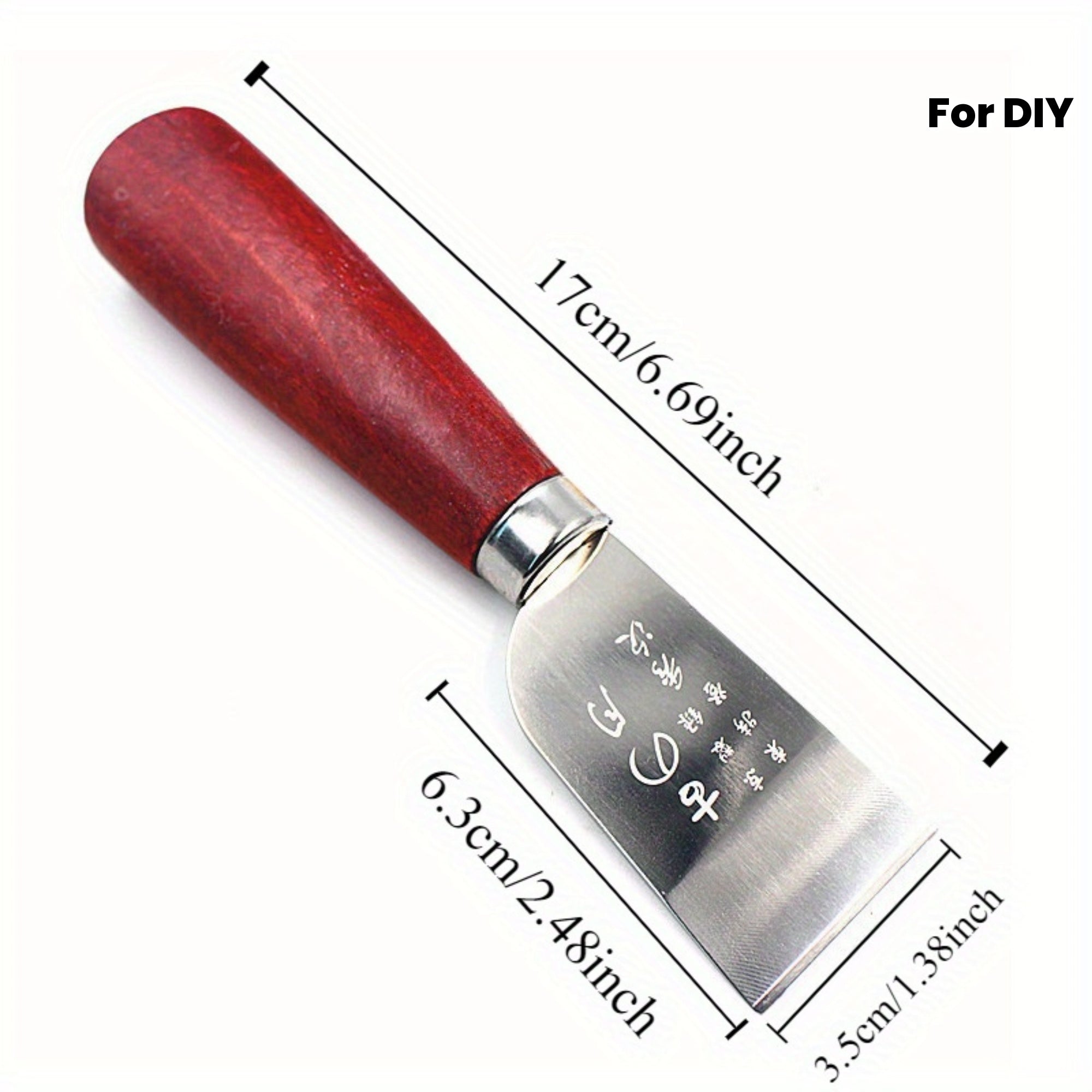 Leather cutting knife with dark wooden handle and rectangular crescent steel blade