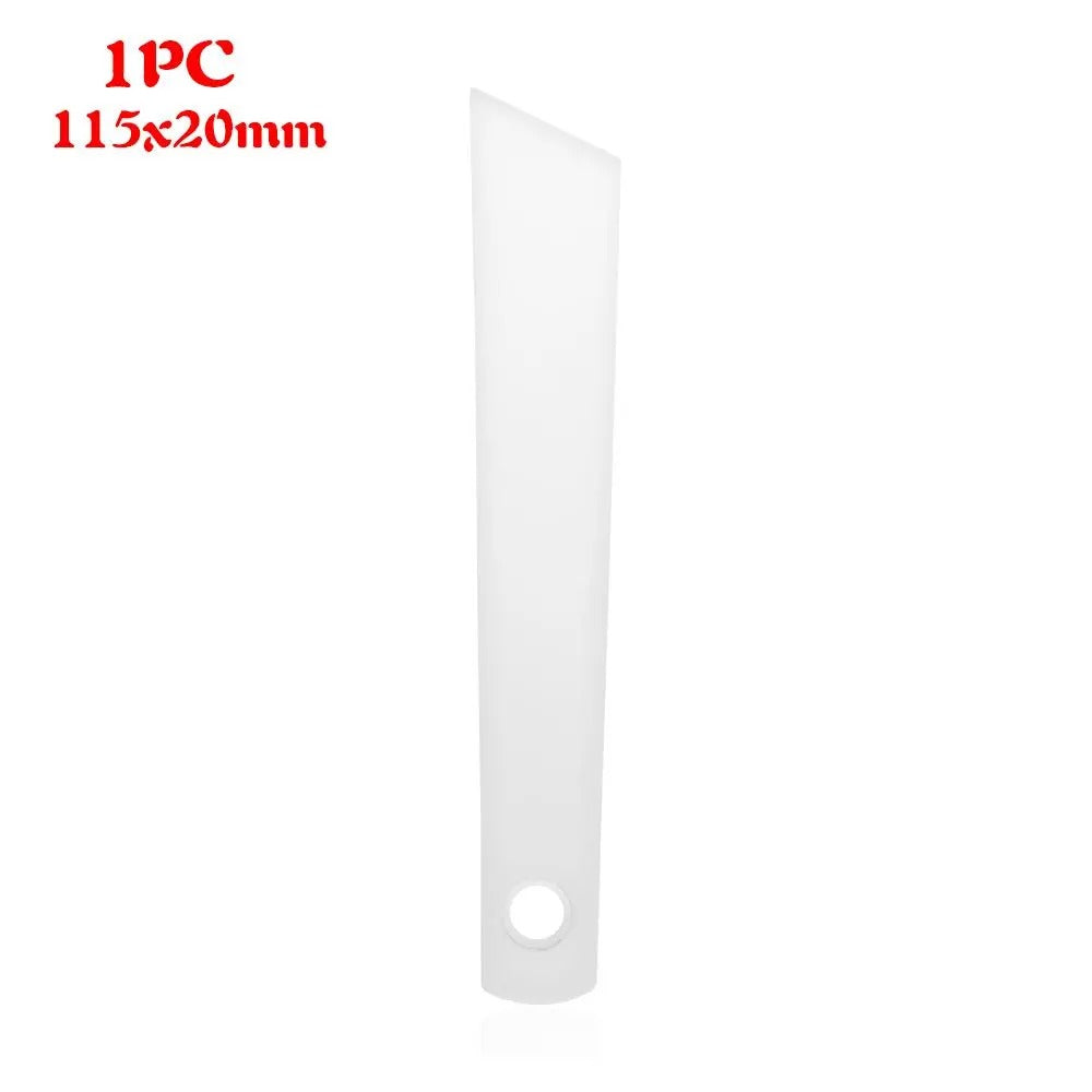 White plastic glue applicator strip with hanging hole and smooth, flat blade