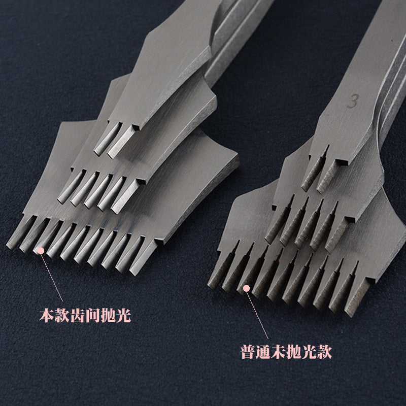 Two steel French stitch chisels showing fine tooth rows and shaped spacing tips