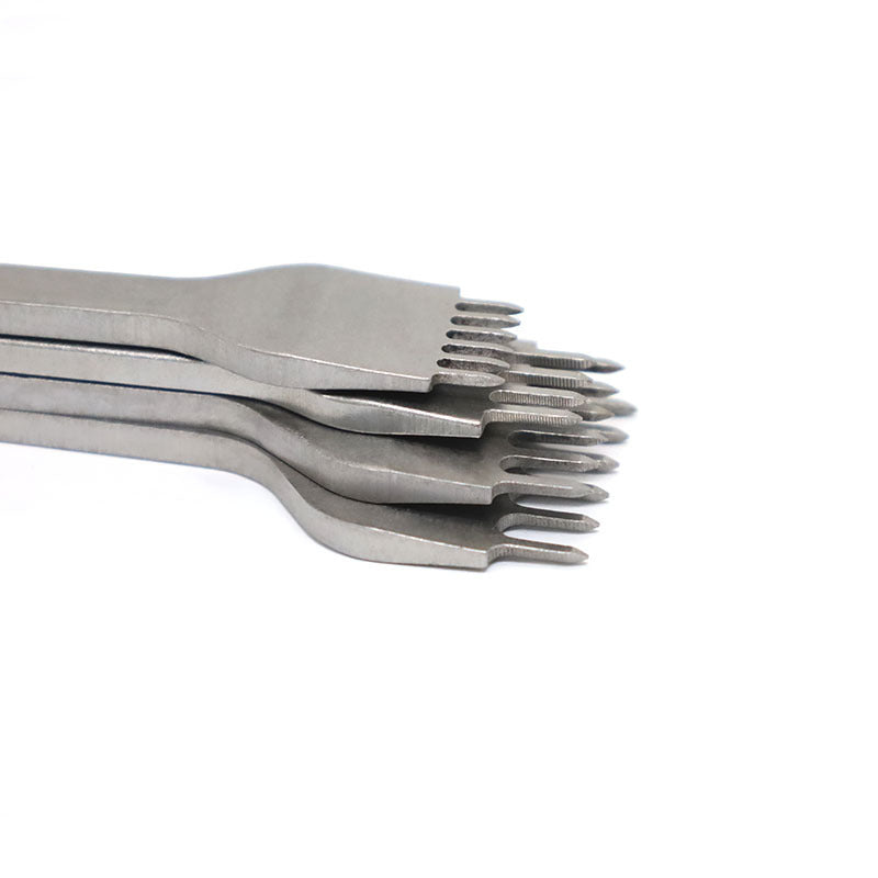 Metal leather stitching chisel tools with multiple prong edges in a row