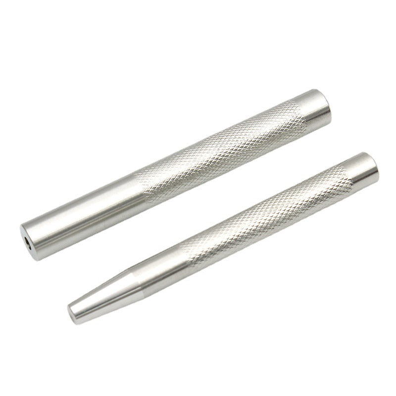 Pair of silver metal rivet setting tools with textured barrels and flat tips