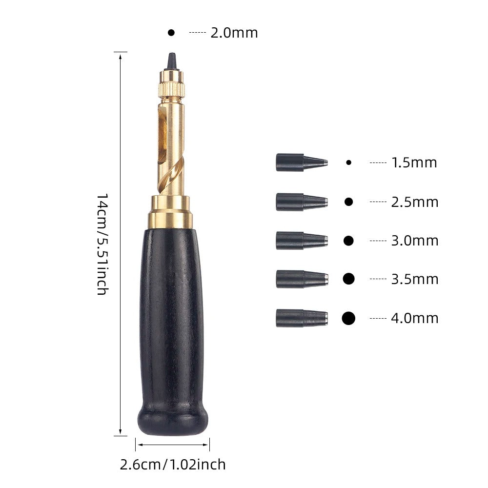 Rotary leather punch tool with black handle and size chart (1.5β4.0mm)