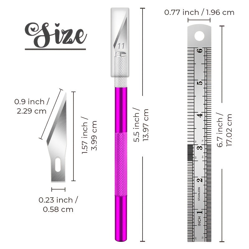 Purple precision craft knife with dimensions for handle and replacement blade