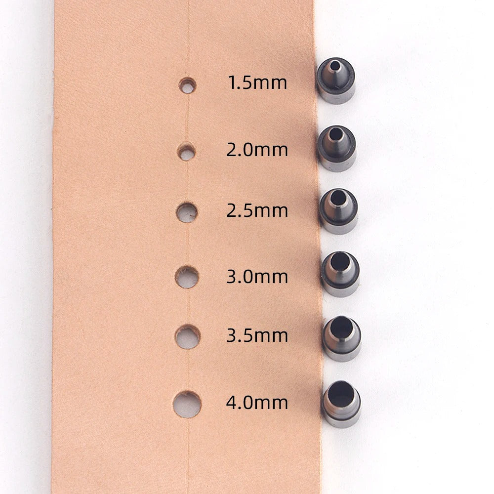 Leather punch head set with size guide on tan board (1.5β4.0mm)